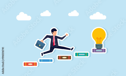 Businessman running and jumping on stacks of books to reach light bulb illustration of investment in knowledge to make business more creative and innovative