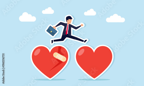 Businessman jumping from broken heart to healed heart illustration of accepting reality and learning from mistakes
