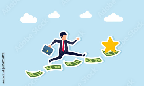 Businessman running and jumping on stacks of money to reach star illustration of investment to improve business quality standards