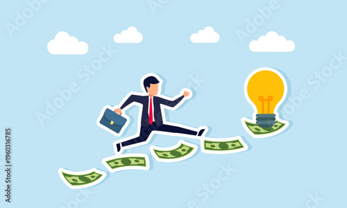 Businessman running and jumping on stacks of money to reach light bulb illustration of investment to implement new business ideas and innovation