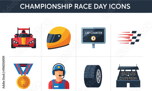 Collection of racing championship day icons including a race car, helmet, lap counter, medal, and tire