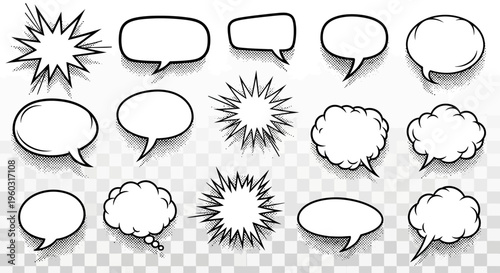 Comic book speech bubbles and thought clouds set with halftone shadows on transparent background