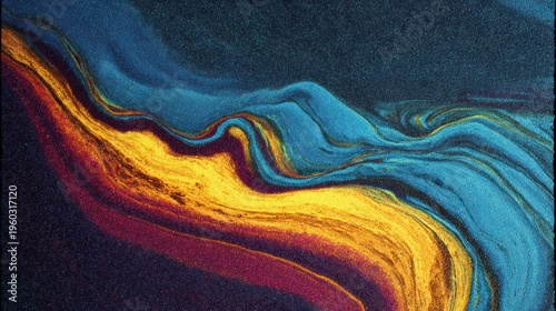 Abstract flowing design with vibrant colors and textured surface elements