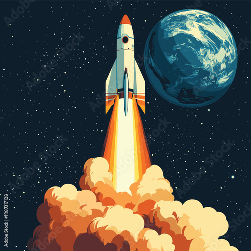 A large rocket ignites its engines and ascends into space above planet Earth with dramatic fire and smoke trailing behind , vector style simple color