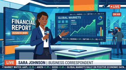 Business news anchor reporting live on financial markets with global market data displayed on screens