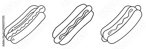 Three black and white outline drawings of classic American hot dogs