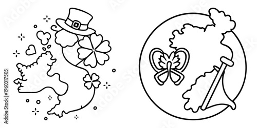 Stylized St Patrick's Day Illustration with Ireland, Shamrock, and Leprechaun Hat