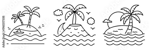 Tropical island landscapes in simple black and white line drawing style