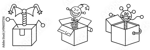 three jack in the box toys with different characters popping out