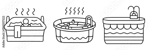 Three different steaming hot tubs or jacuzzi with wavy water outlines