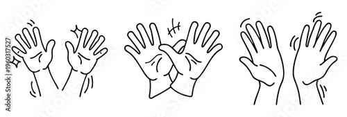 Cartoon depiction of hands clapping and waving in simple black and white line art