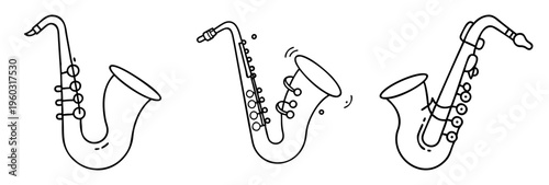 Three different saxophone line art in black and white with musical vibes