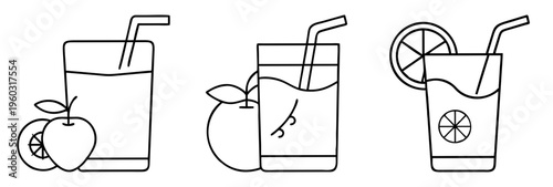Collection of stylized fruit juice drinks in glasses with straws line art