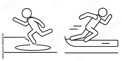Line drawing representing outdoor running and running on a treadmill exercise