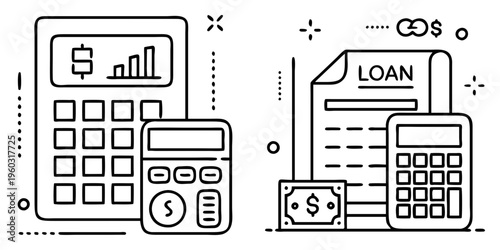 Illustrations of financial planning with calculator, loan document, and currency signs