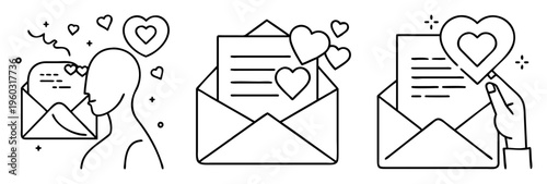 Line art illustration depicting love letters and the emotion of romance