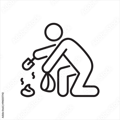 Cleaning up feces after an animal in the street, linear icon. Line with editable stroke