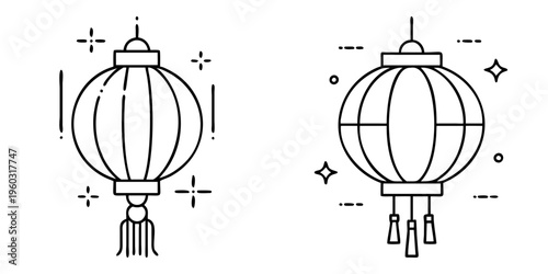 Line art illustration of two chinese lanterns with decorations and tassels