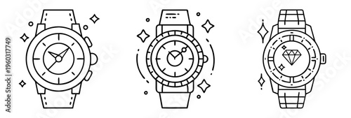 Line art illustration showcasing a trio of wrist watches with timetelling themes