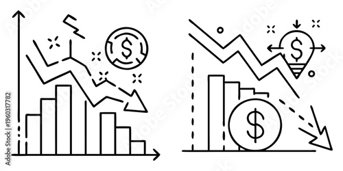 Financial decline charts showing falling graphs and dollar coins in black outline