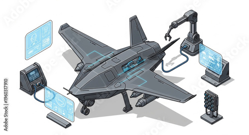 Futuristic drone aircraft with advanced technology and robotic arm for maintenance and repair.