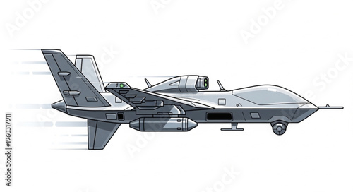 High-speed aerial drone aircraft with advanced technology and design for surveillance missions.