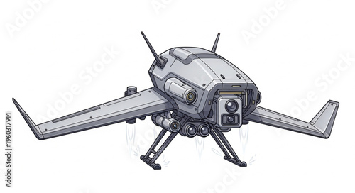 Futuristic drone design with wings and landing gear, ready for flight and exploration missions.