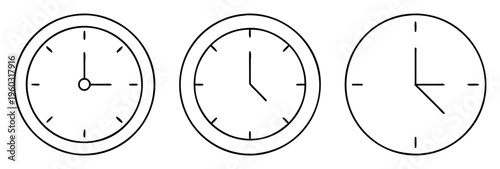 Three simple line art clocks showing different times on their faces