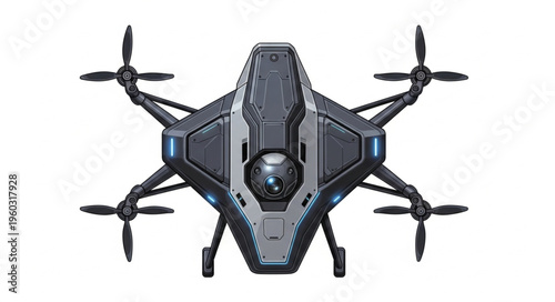 Futuristic drone design with multiple propellers and advanced technology features.