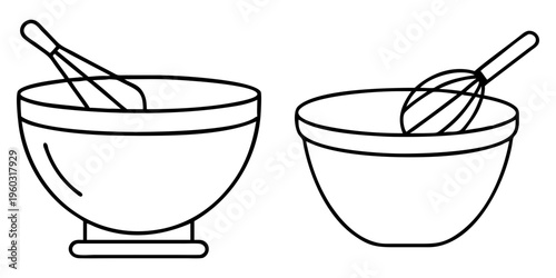 Two mixing bowls each with a whisk inside, outlined in black and white
