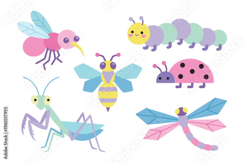 Cute Garden Insects Collection with Praying Mantis, Caterpillar, Bee, and Ladybug pastel color