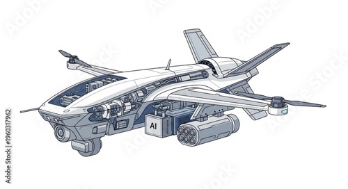 Detailed futuristic aircraft design with wings and advanced technology elements.