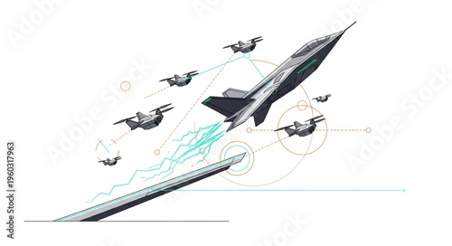 Futuristic aerospace fighter jet soaring through the atmosphere with escorting drones.
