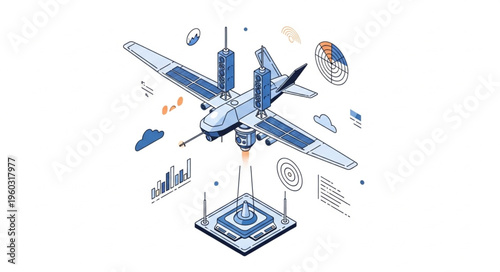 Isometric illustration of a drone with data analysis and technology.