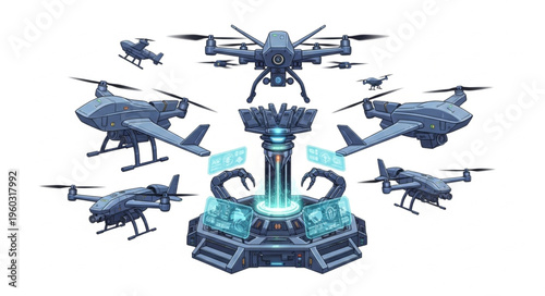 Futuristic drone technology showcasing advanced aerial vehicles and a central control station.