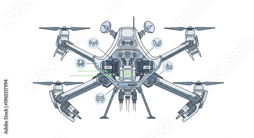 Detailed technical illustration of a modern drone with multiple propellers and advanced technology.