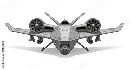 Futuristic aircraft design with advanced technology and powerful propulsion systems for aerial transport.