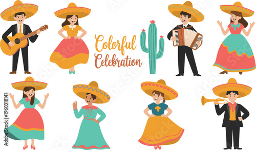 Mexican fiesta characters vector illustration, traditional dancers musicians sombrero costumes, colorful celebration, cultural festival, mariachi band, Latin party design set