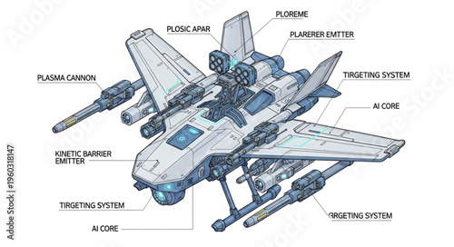 Detailed illustration of a futuristic spacecraft with advanced weaponry and technology.