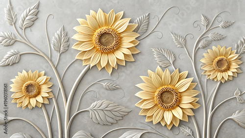 sunflower flower wallpaper on gray texture elegant mural with 3d embossed	