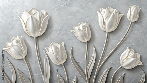 white color tulip flower wallpaper gray texture elegant mural with 3d embossed
