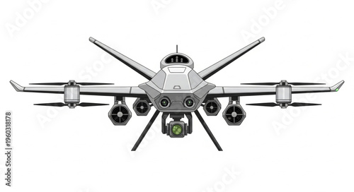 Advanced military drone with multiple rotors and advanced surveillance capabilities.
