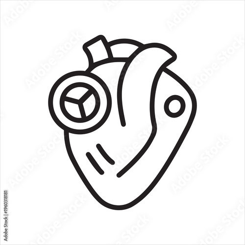 The heart with an artificial valve, linear icon. Cardiovascular surgery. Implantation. Prosthetics. Line with editable stroke