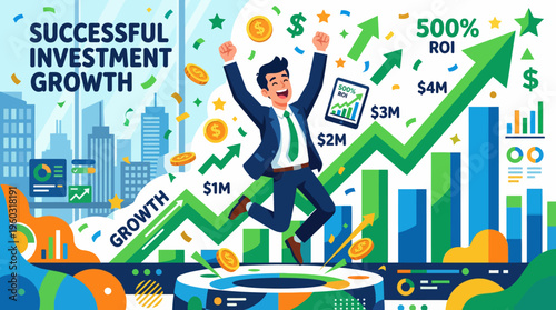 Flat vector illustration of a joyful businessman celebrating significant financial growth, investment success, and rising market trends against a modern cityscape backdrop