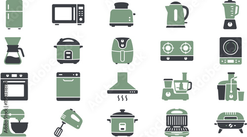 A diverse collection of essential kitchen appliances and cooking utensils, represented by stylish, minimalist flat icons.