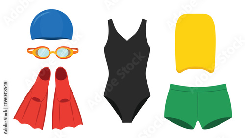 Swimming Gear and Accessories Set: Swimsuit, Cap, Goggles, Fins, Kickboard, and Shorts on White Background
