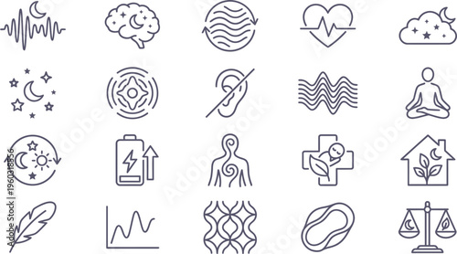 Modern vector line icons representing various sleep, health, brain, and natural wellness concepts.