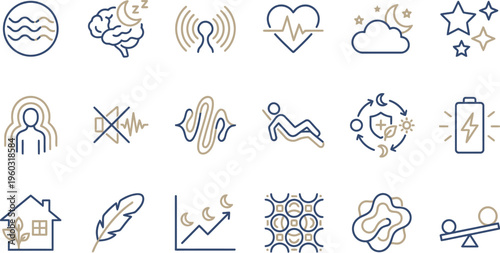 Collection of abstract line icons representing wellness health sleep relaxation energy and balance concepts