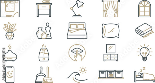 Minimalist black and gold line icons illustrating various home decor, furniture, and daily lifestyle elements.