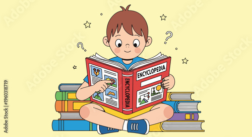 Young boy engrossed in reading a large encyclopedia, surrounded by a stack of books, symbolizing childhood learning, curiosity, and educational discovery.